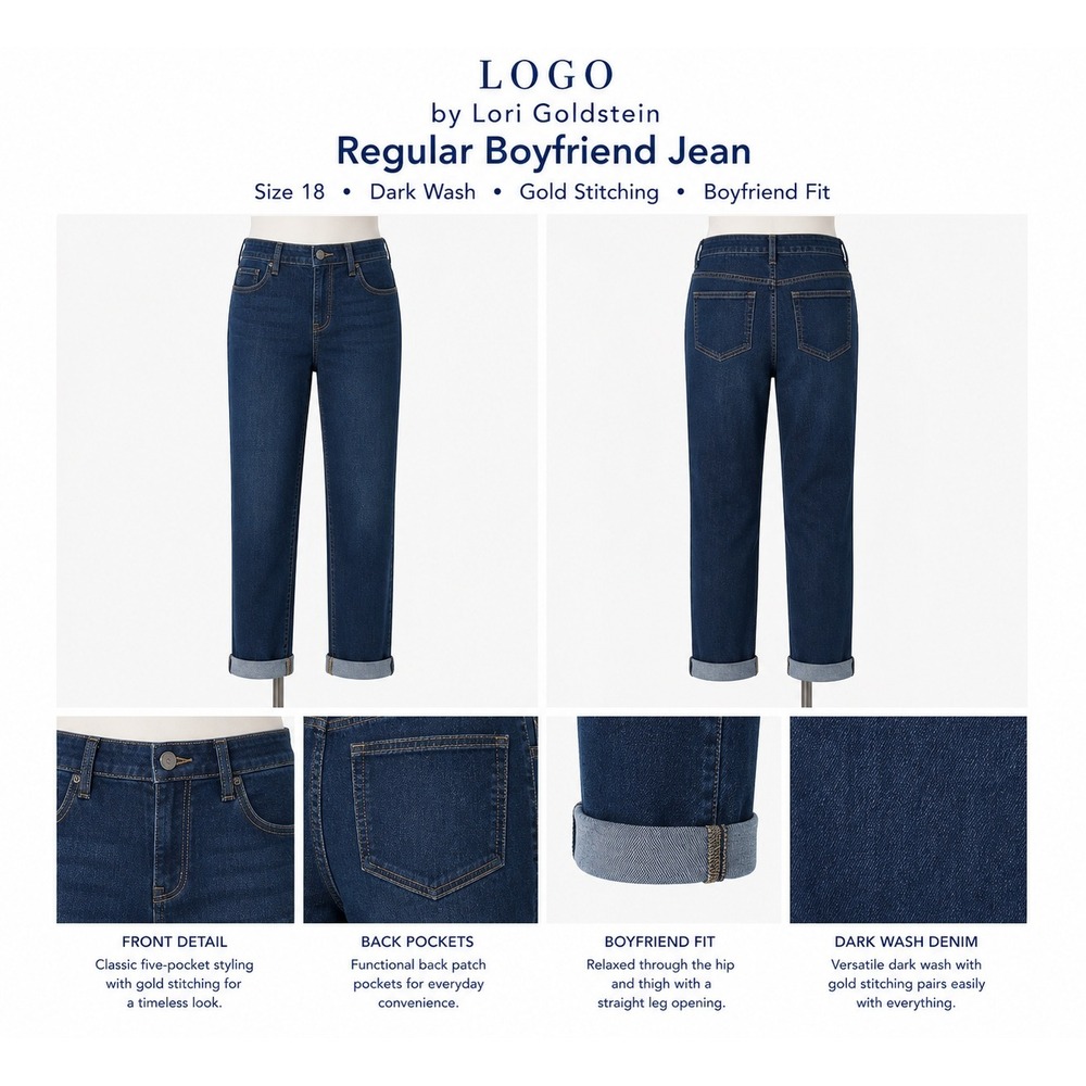 LOGO by Lori Goldstein Women 18 Regular Boyfriend Jeans Dark Wash Blue A634547